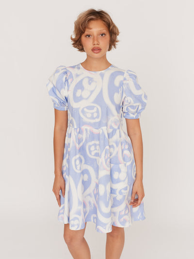 Drippy Spray Face Puff Sleeve Mini Dress