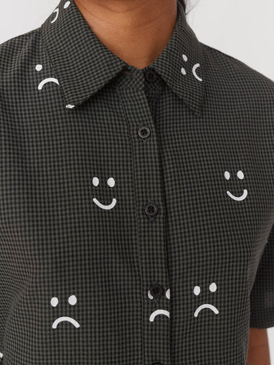 Happy Sad Check Button Up Smock Top