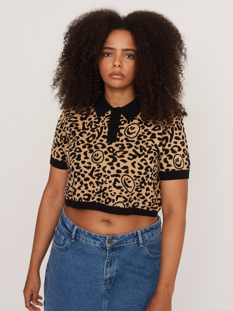 Leopard Knitted Polo Top – Lazy Oaf