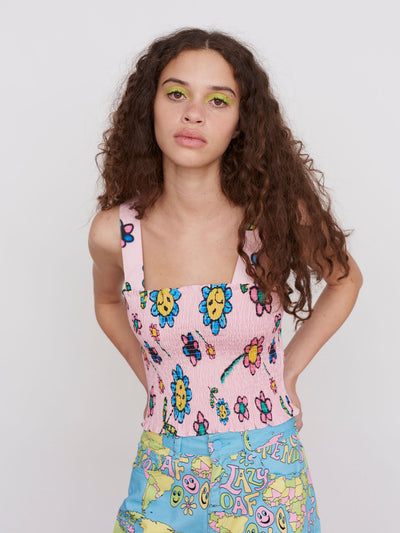Lazy Oaf Airbrush Flowers Shirred Top
