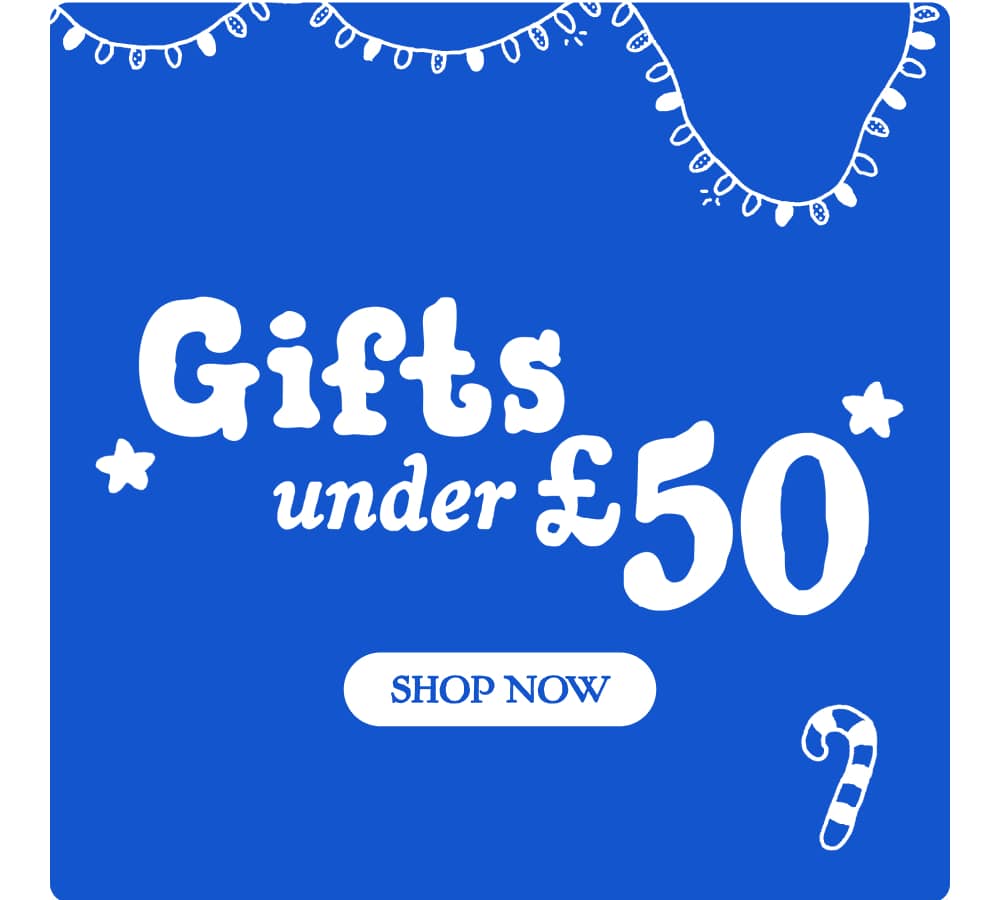 Solid blue rectangle with the title 'Gifts Under £50' in white in the centre of the image. Beneath that is a button that says, 'Shop Now.'