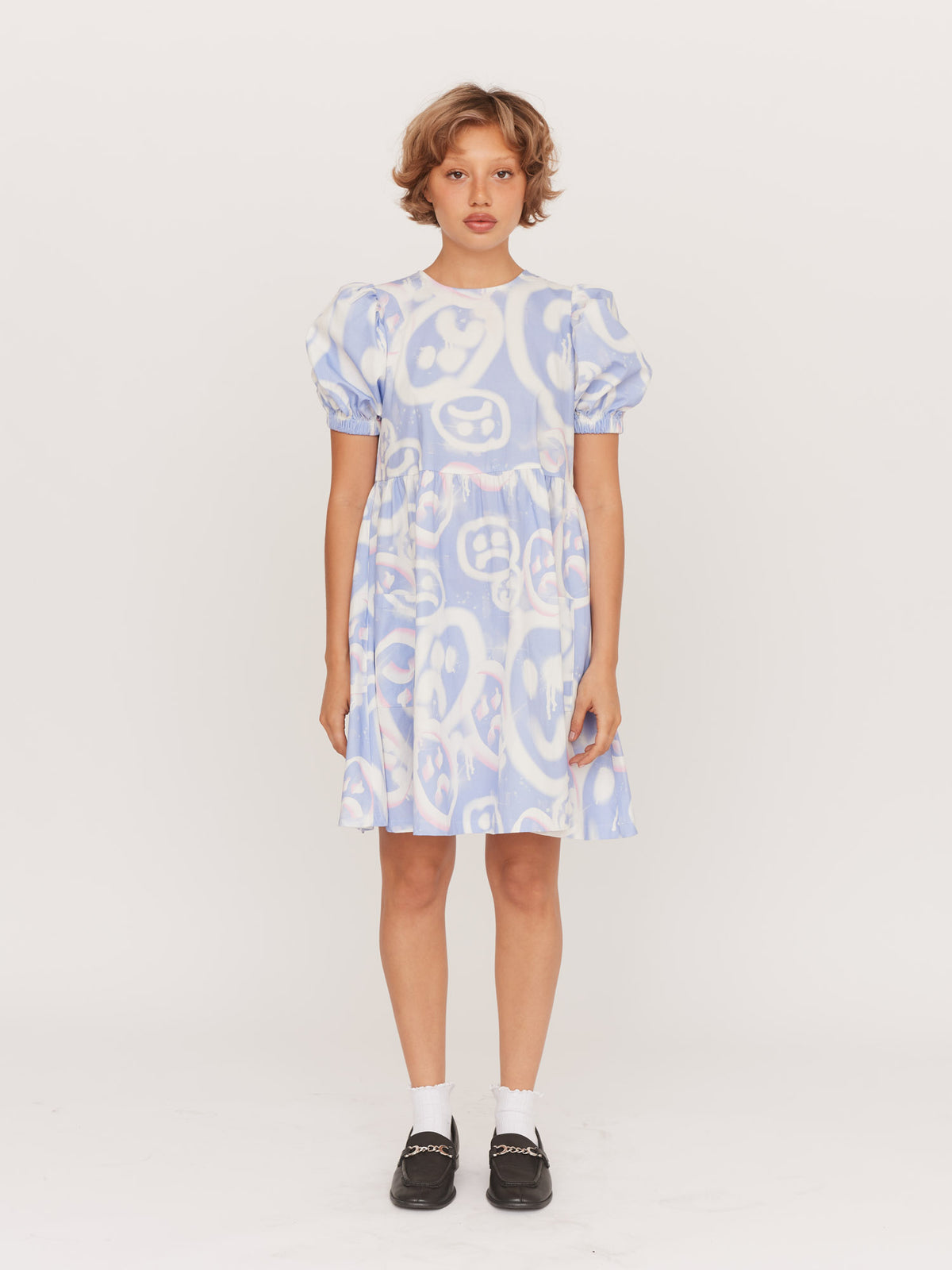 Drippy Spray Face Puff Sleeve Mini Dress