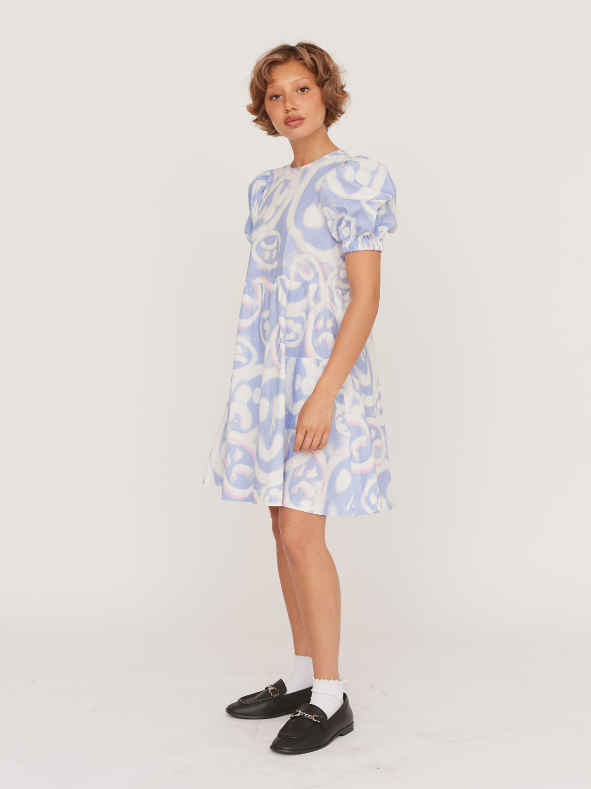 Drippy Spray Face Puff Sleeve Mini Dress