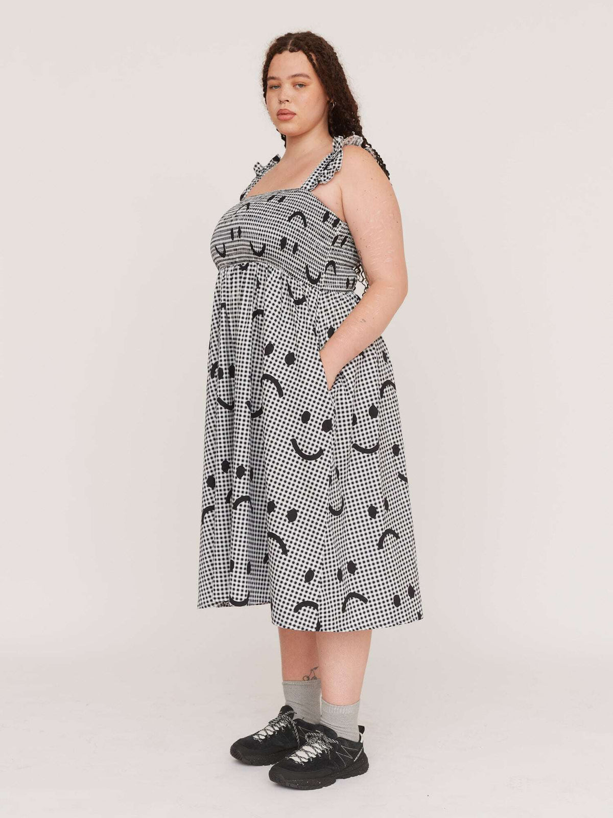 Happy Sad Gingham Shirred Dress