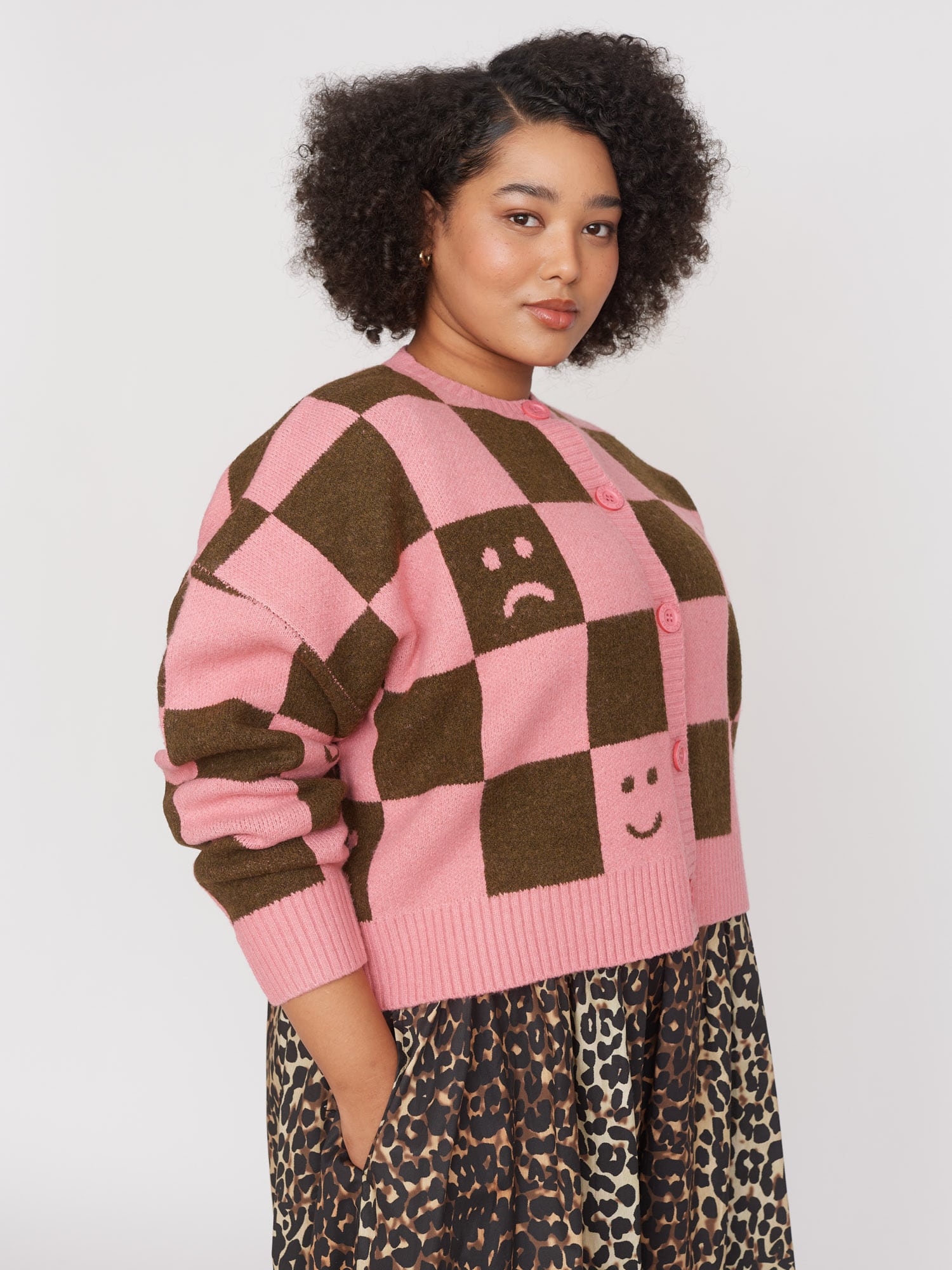 Checkerboard Cardigan Lazy Oaf Pink Leopard Cardigan Happy