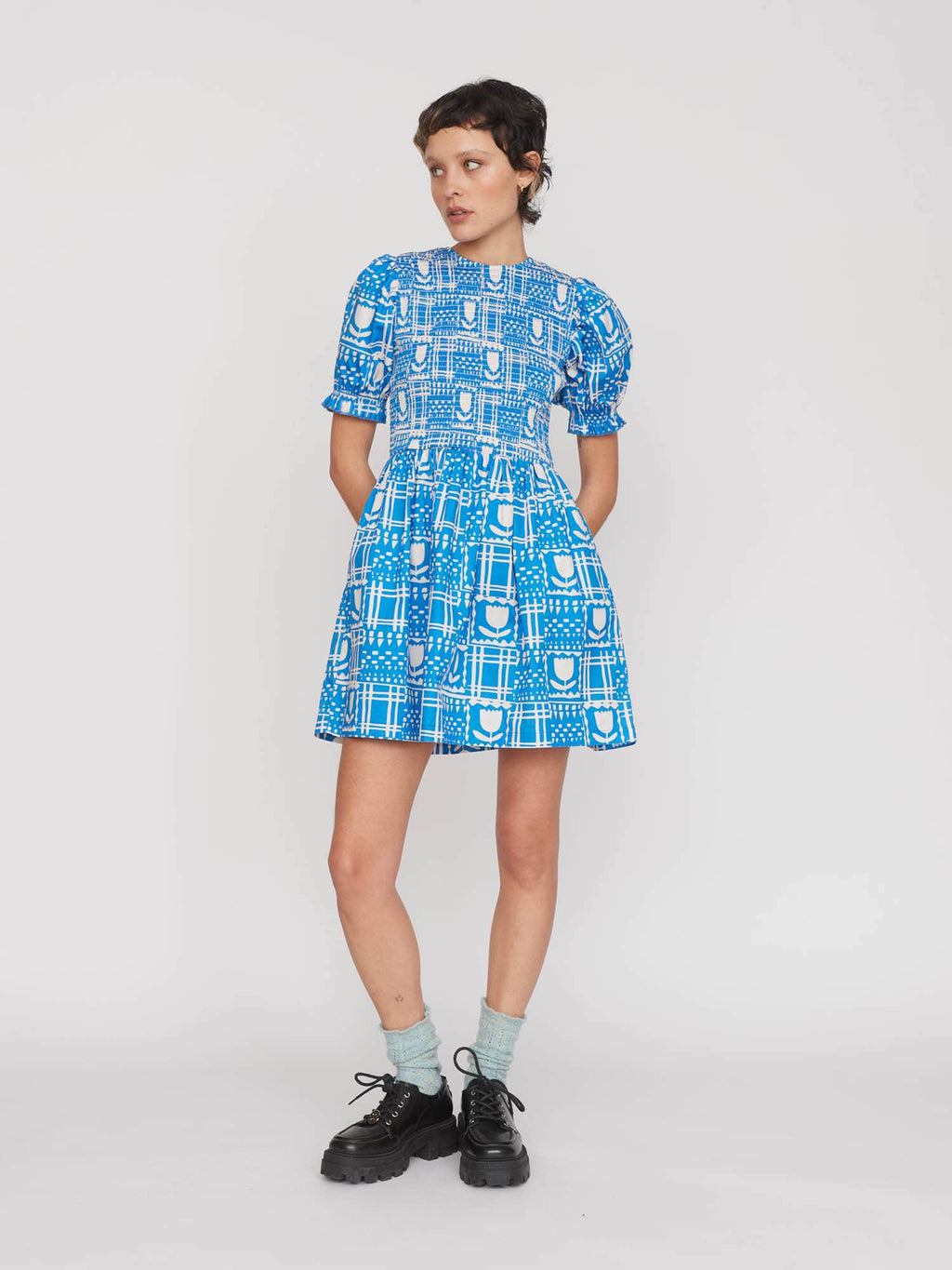 Floral Checkerboard Shirred Mini Dress – Lazy Oaf