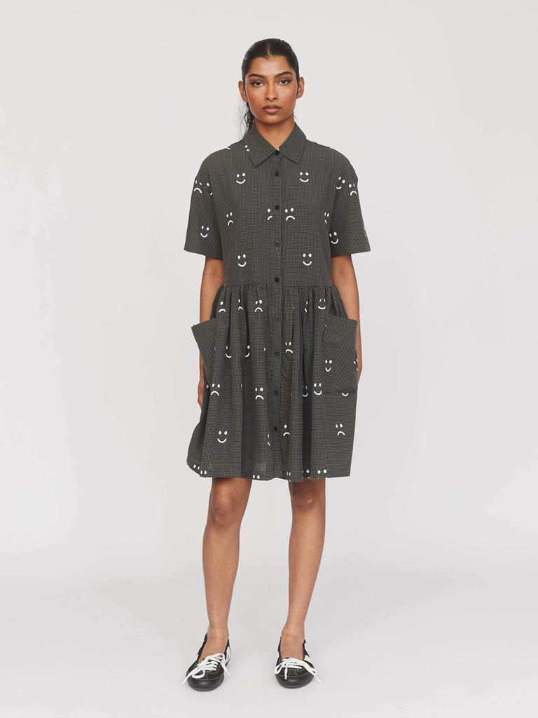 Gingham Happy Sad Face Smock Dress