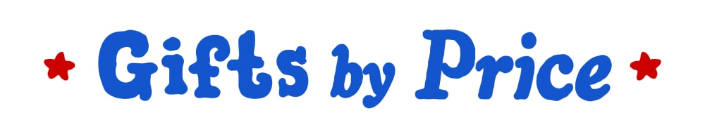 Text banner that repeats 'Gifts By Price' in blue and red text broken up by little Christmas illustrations. 