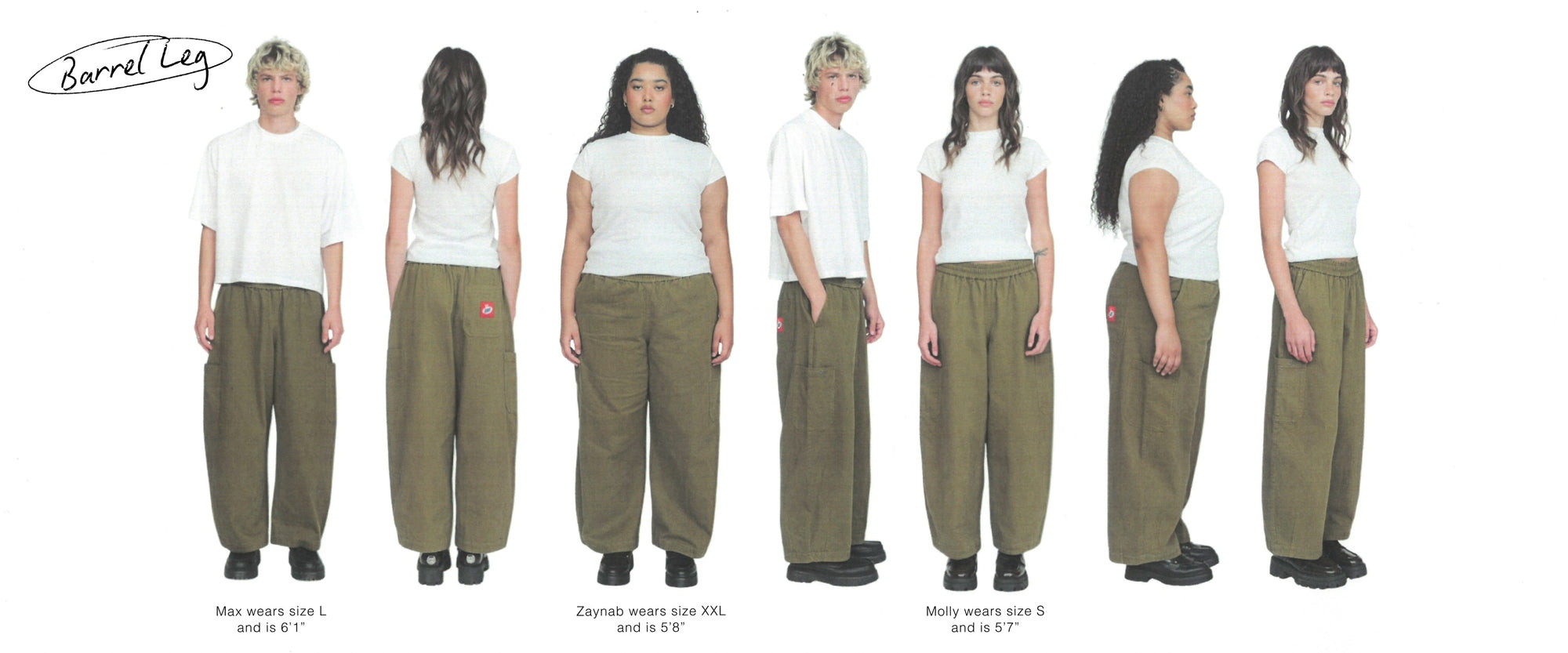 Line up of 7 people, mixed genders, against a white backdrop. All our wearing the same pair of khaki Bev pants. 