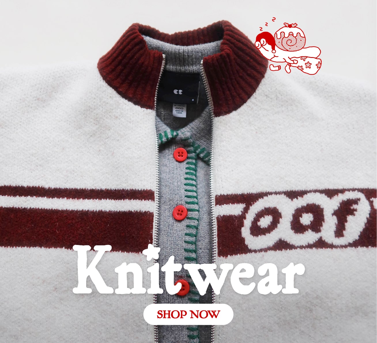 Close up image of a cardigan with the title 'Knitwear' in white text, below is a button with 'Shop Now.'