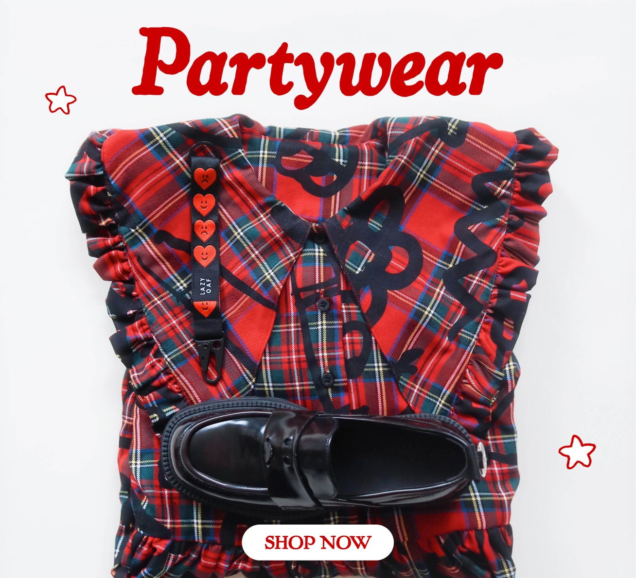 Close up image of a tartan dress with the title 'Partywear' in red text above it, below is a button with 'Shop Now.'