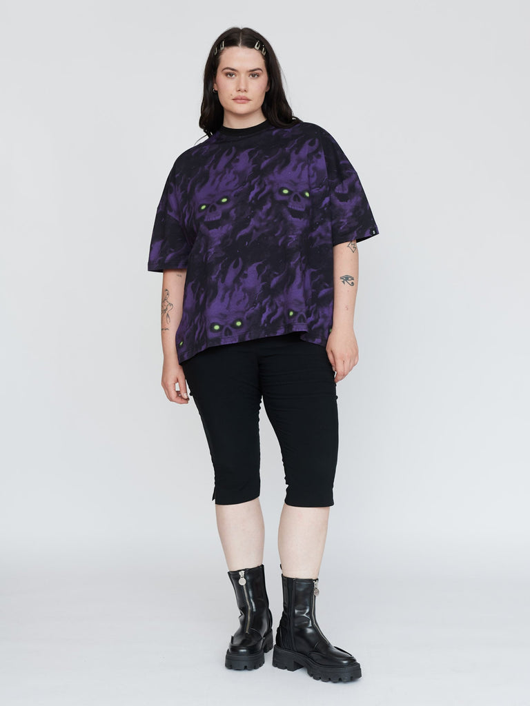 Burning Skull Boxy Tee - Washed Black/Flame