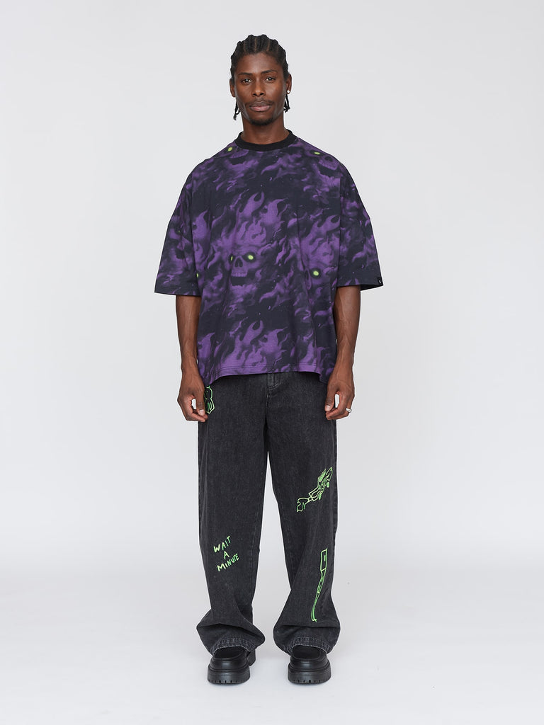Oversized Acid Wash Flaming Skull Tee