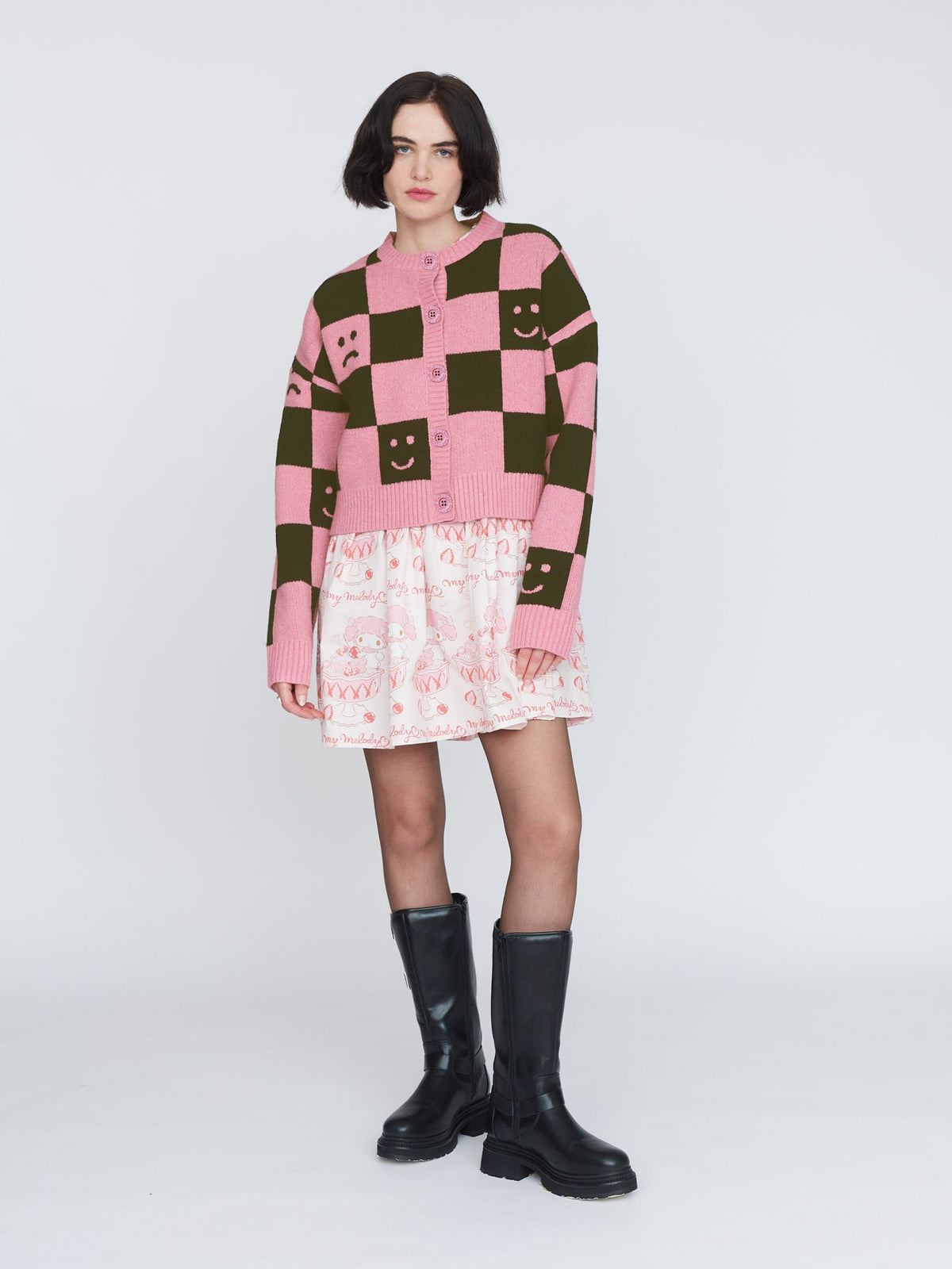 Happy Sad Pink & Khaki Checkerboard Cardigan