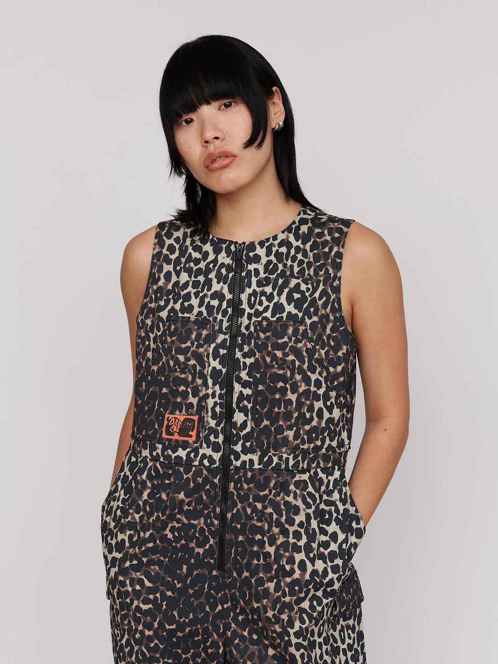 Leopard print high neck gloves zip-up jumpsuit