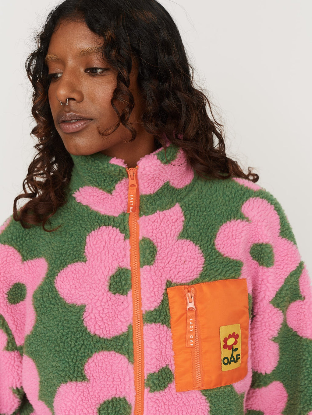 Khaki Floral Zip Through Fleece – Lazy Oaf - Main Image