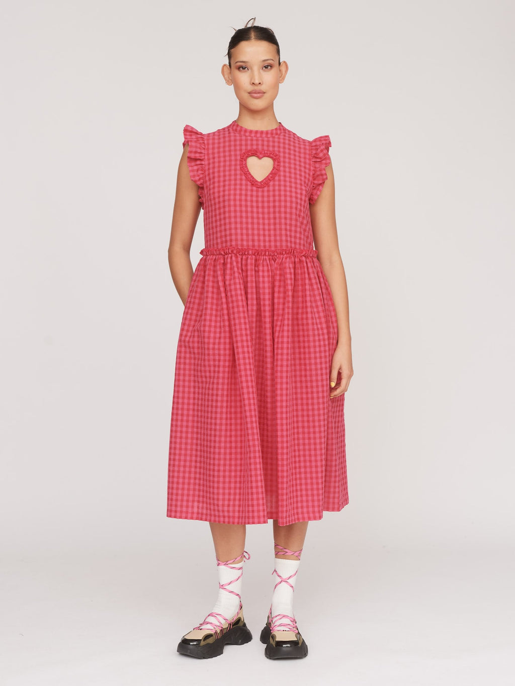 lazy oaf pink dress Lazy Oaf Happy Sad Pink & Navy Puff Sleeve Midi Dress Size UK14/US 10