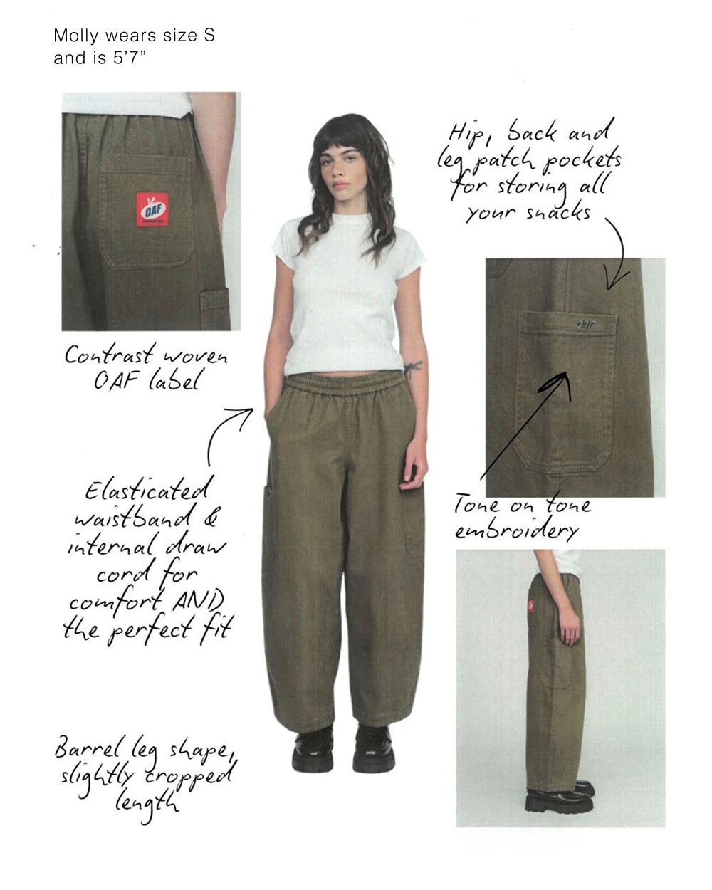 Graphic banner featuring a single person stood against a white backdrop wearing the Bev Khaki Barrel Leg Pants. Surrounding the person are images showing close up details of the trousers, with descriptors about each element. 