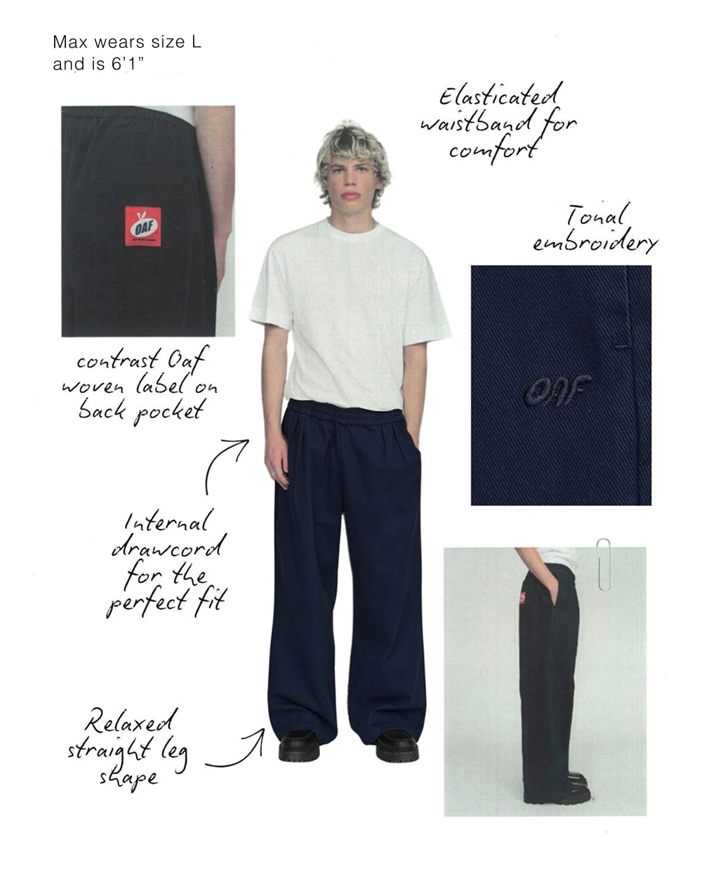 Graphic banner featuring a single person stood against a white backdrop wearing the Kev Navy Pull On Pants. Surrounding the person are images showing close up details of the trousers, with descriptors about each element. 
