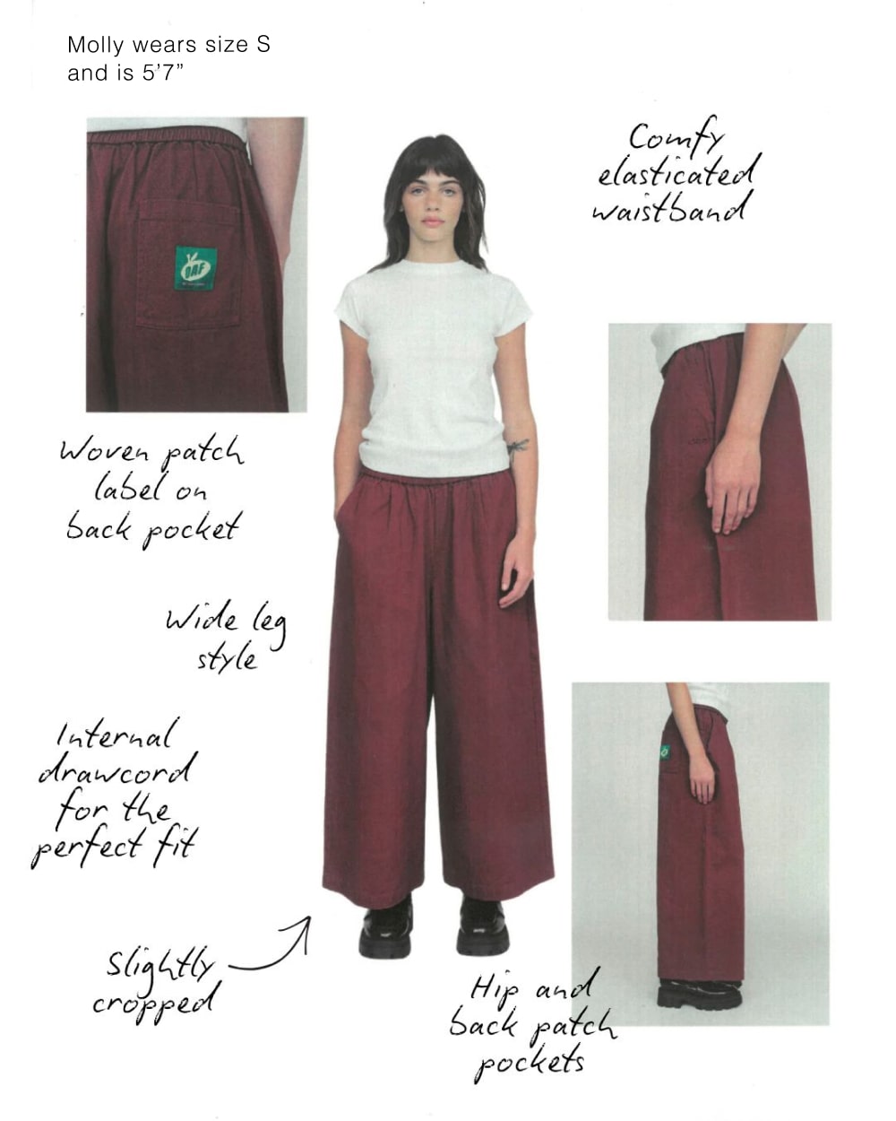 Graphic banner featuring a single person stood against a white backdrop wearing the Trev Wide Leg Burgundy Pants. Surrounding the person are images showing close up details of the trousers, with descriptors about each element. 