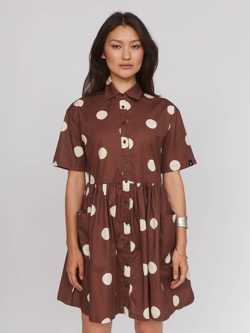 brown polka dot shirt dress Cider Tasting Polkadot Mini Dress - Brown, Large | Hazel and Olive