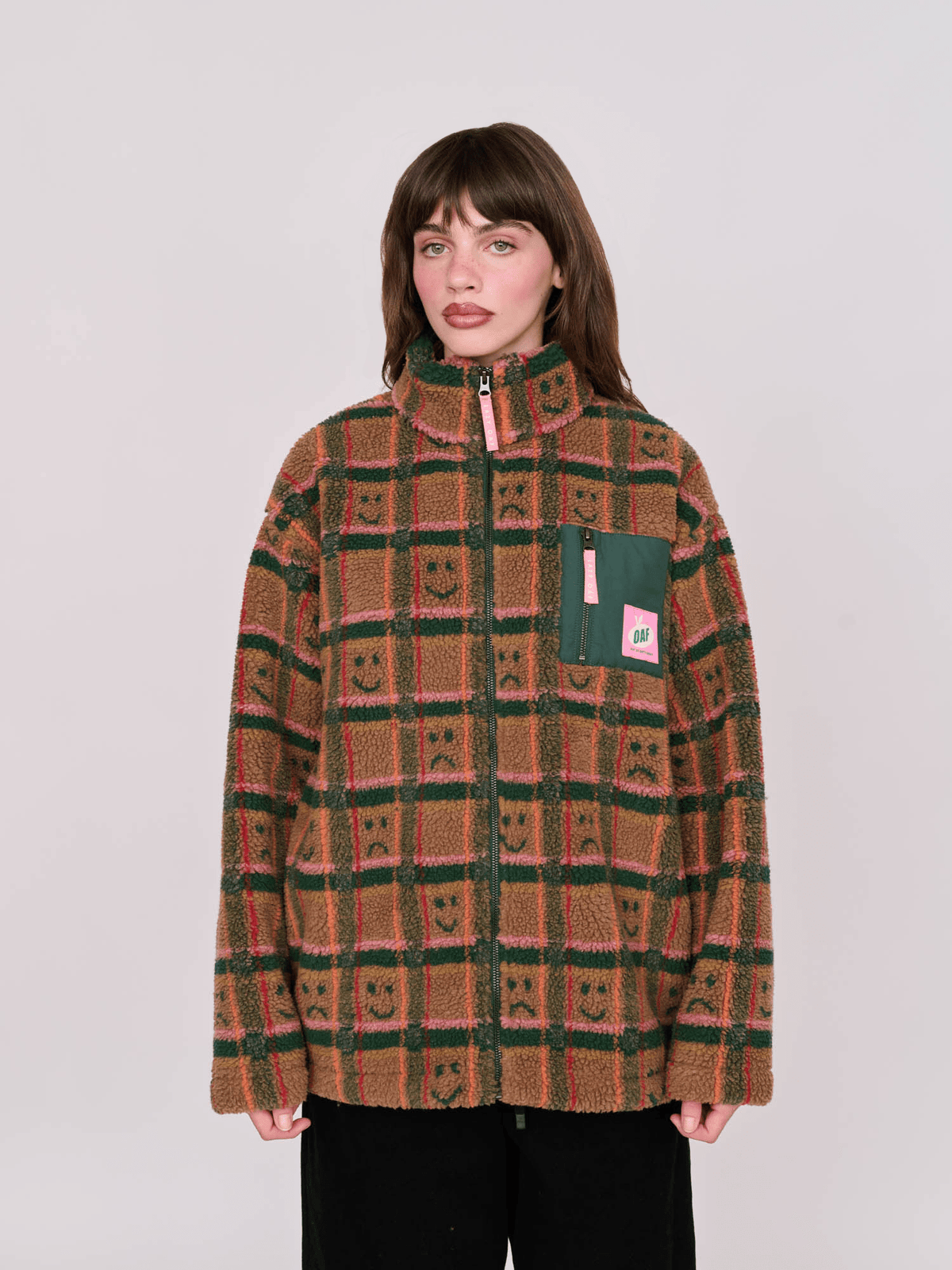 Happy Sad Check Zip Through Fleece – Lazy Oaf
