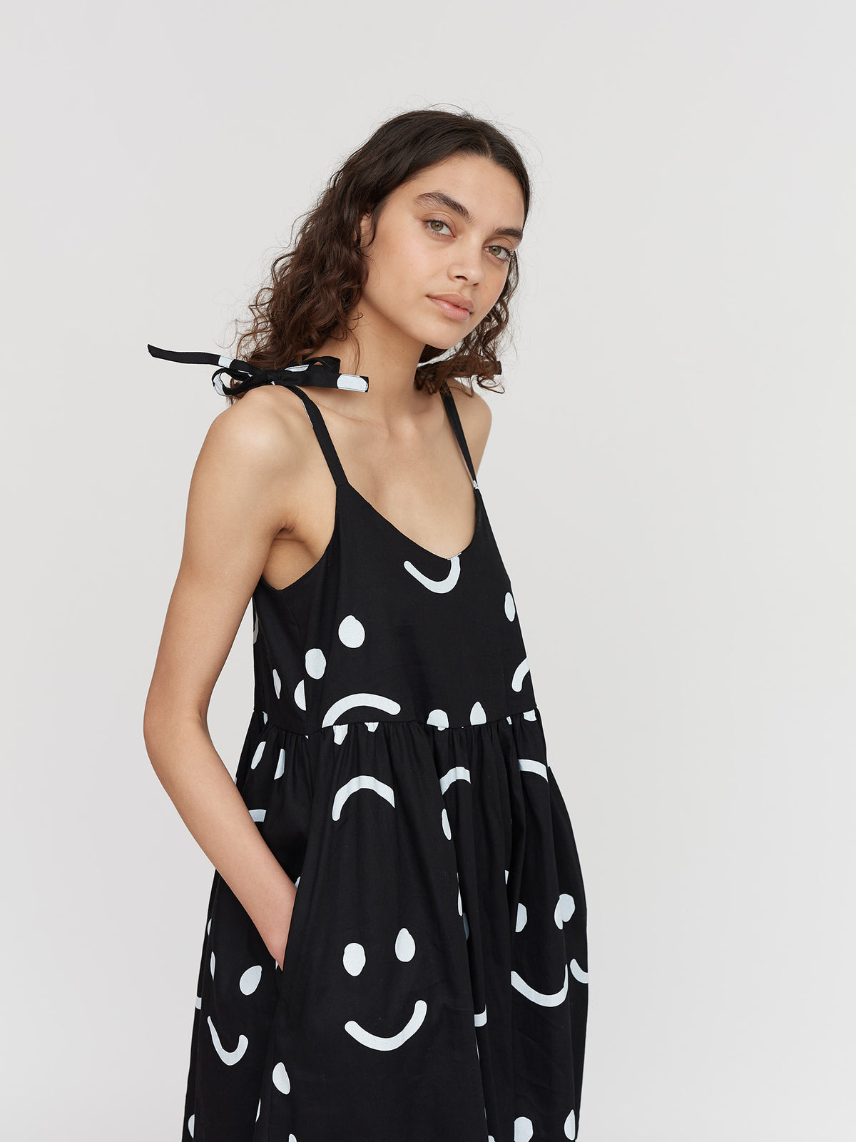 Happy Sad Black Tie Shoulder Dress
