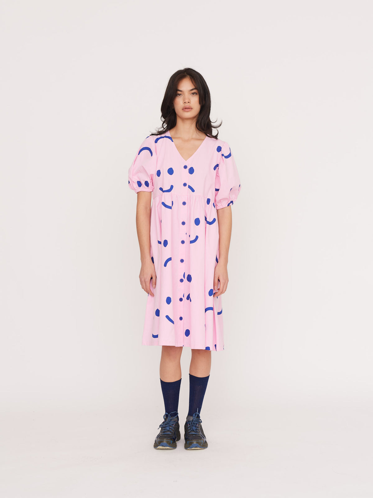 Happy Sad Pink & Navy Puff Sleeve Midi Dress