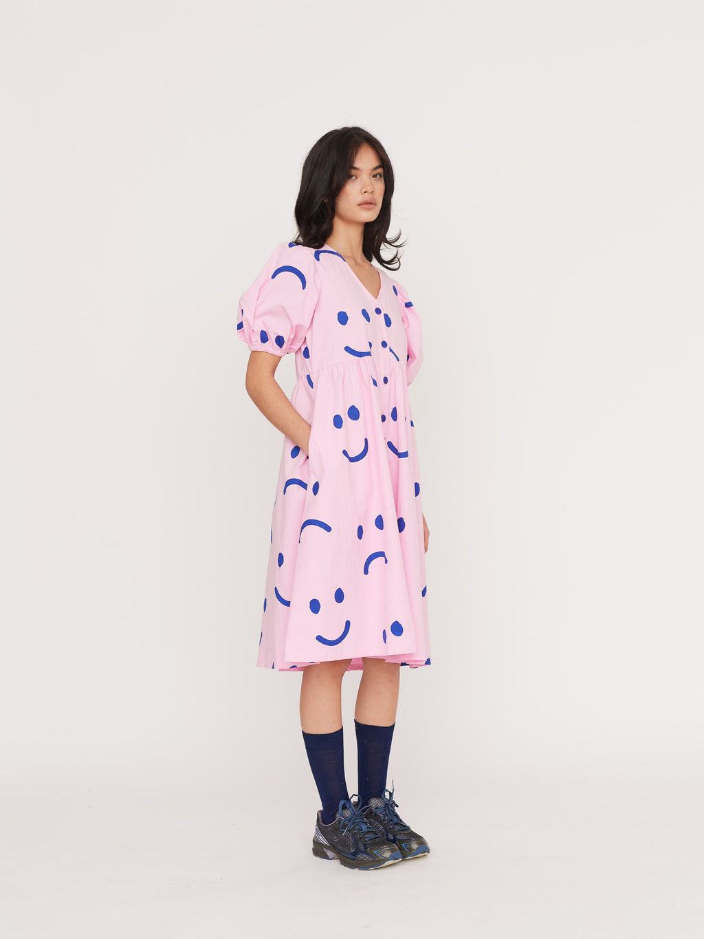 Happy Sad Pink & Navy Puff Sleeve Midi Dress