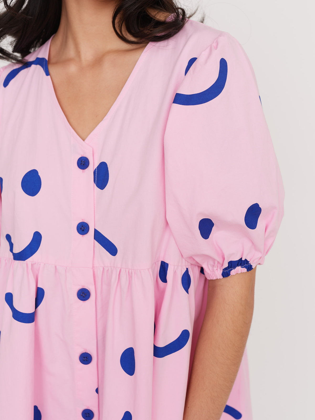 Happy Sad Pink & Navy Puff Sleeve Midi Dress