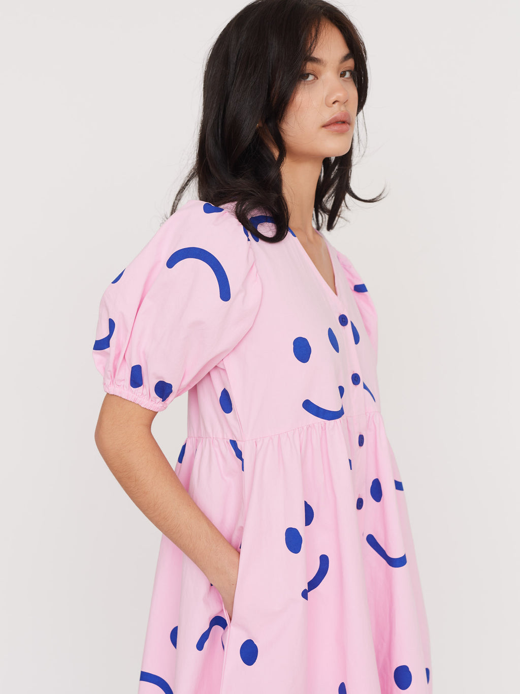 Happy Sad Pink & Navy Puff Sleeve Midi Dress
