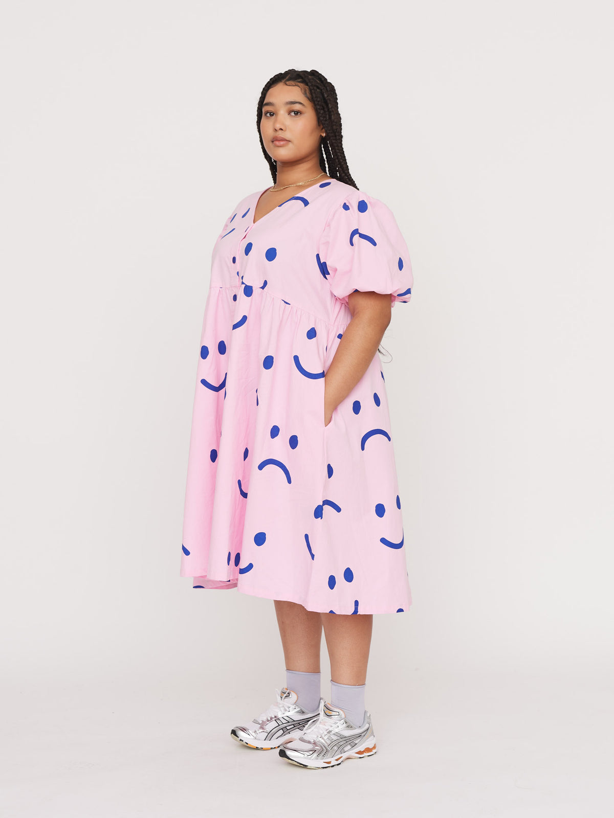 Happy Sad Pink & Navy Puff Sleeve Midi Dress