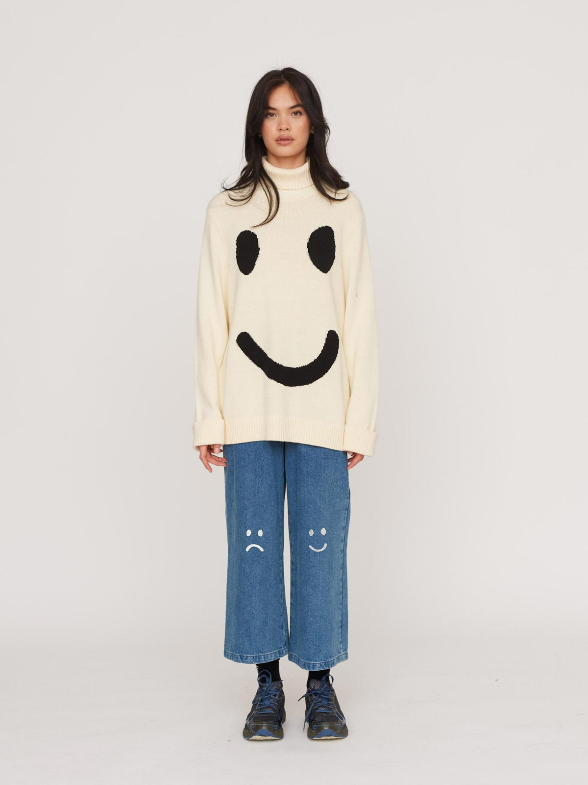 Happy Sad Embroidered Knee Jeans