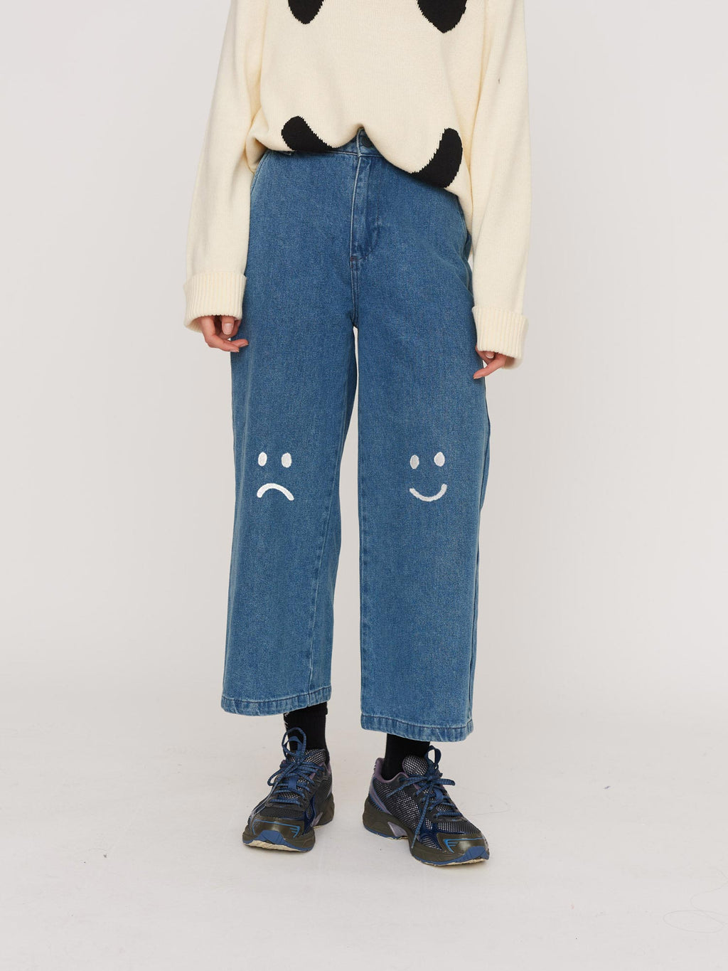 Happy Sad Embroidered Knee Jeans