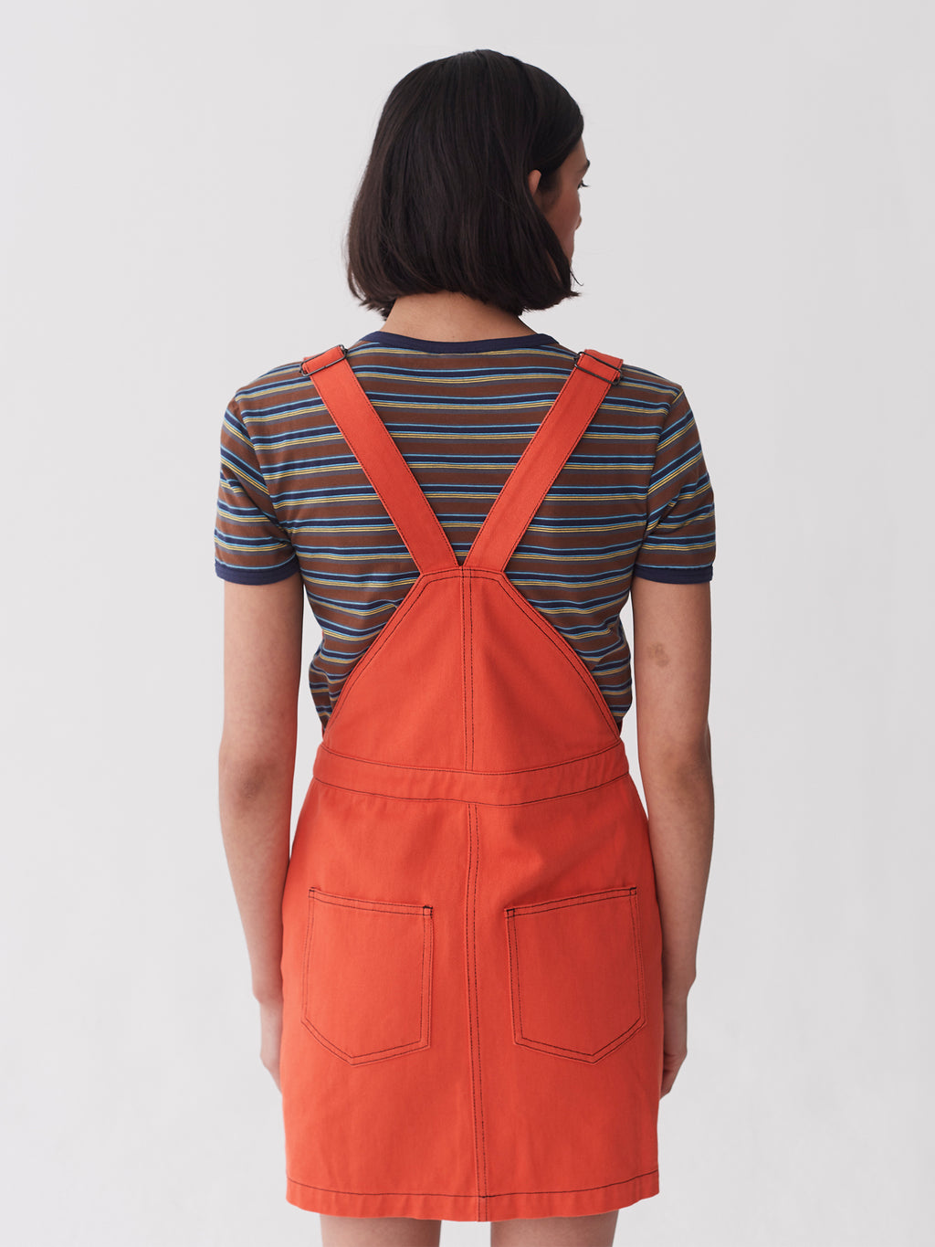 orange pinafore dress Womens Solid Color Cotton Overalls Dress Low Open Back Skirtall Jumper Mini Dress Pinafore with Pockets Orange M(M)